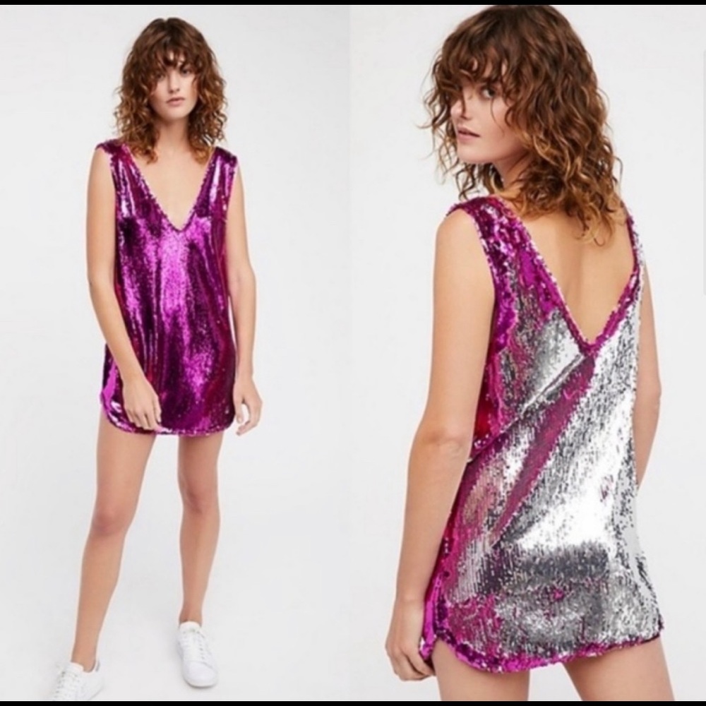 Free People Pink & Silver Sequin Mini Dress Small